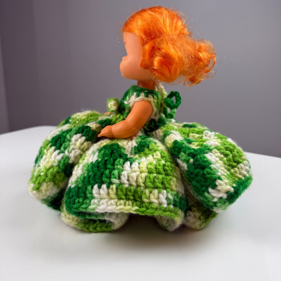 Vintage 70's - 80's Doll with Orange Hair and Green & White Crocheted Dress - Picture 2 of 9